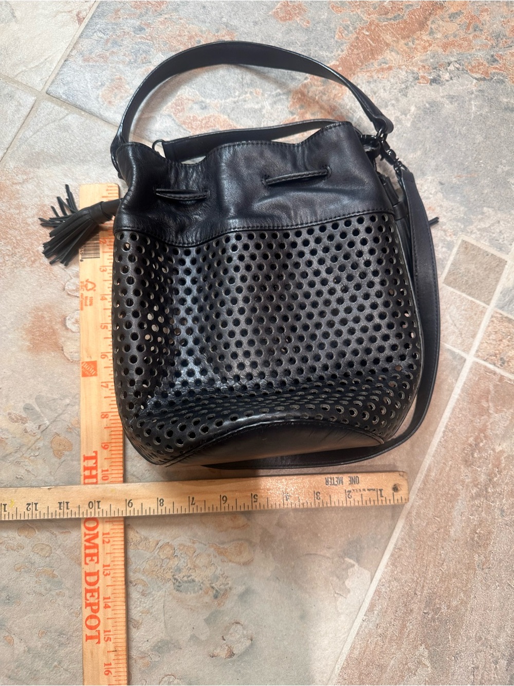 Loeffler Randall Industry Black Leather Perforated Drawstring Bucket Bag - Picture 10 of 12